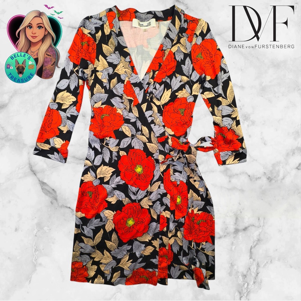 Diane Von Furstenberg DVF Wrap Dress Women's 0 Floral 100% Silk Midi Red Blue